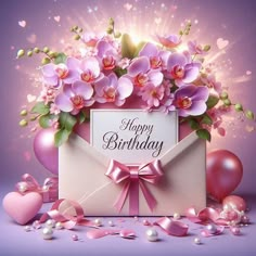 an envelope with pink flowers and balloons in the background that says happy birthday on it