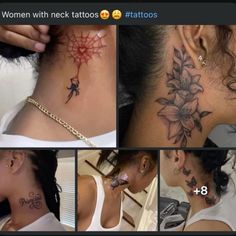 several pictures of women with tattoos on their neck and behind the neck are photos of flowers