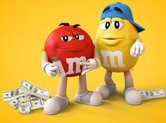 two m & m's characters are holding money and looking at each other while standing next to one another