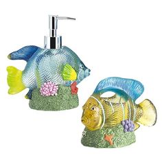 two colorful fish soap dispensers sitting next to each other on a white background