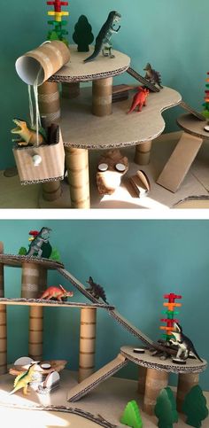 two pictures of different types of toys in the shape of trees and animals on top of cardboard boxes