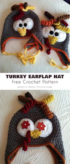 two crocheted hats with turkey faces on them