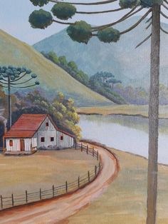 an oil painting of a farm house by the water's edge with mountains in the background