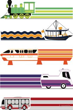 four different types of transportation are depicted in this illustration, including a bus, train, and boat