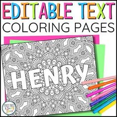 an adult coloring book with the word henry on it, surrounded by colored pencils