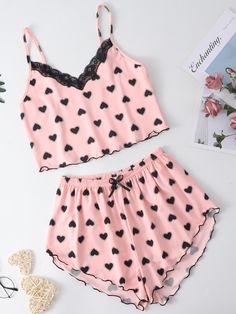 Baby Pink Cute  Sleeveless  Heart,All Over Print Short Sets Embellished Slight Stretch  Women Sleep & Lounge Lace Suit, Lace Trim Cami Top, Cute Pjs, Teen Outfits, Cute Sleepwear, Cute Pajama Sets, Pink Pajamas, Cute Pajamas, Simple Trendy Outfits