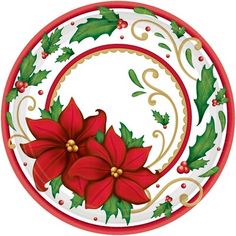 a big party pack with poinsettis and holly leaves on the plate for christmas