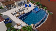 an aerial view of a swimming pool with lounge chairs