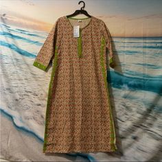 This Kurta Dress Is A Women's Size L. Has An Orange And Off-White Flower Pattern And Small Suns Embroidered On The Sides And Chest. Made Of Cotton. Nwt White Tunic Blouse, Long Tunic Dress, White Tunic Tops, Lace Tunic Tops, Sleeveless Tunic Tops, Kurta Dress, White Tunic, Straight Kurta, Lace Tunic