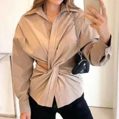 Nwt Bloggers Fav Zara Cut Out Collar Shirt In Tan Size Medium Statement Blouse, Boho Jumpsuit, Zara Crop Top, Zara Blouse, Oversized Blouse, Chic Top, Chiffon Skirt, Taupe Color, Lady V