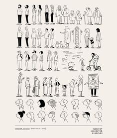 an image of people standing in different positions and sizes, all drawn by hand with black ink