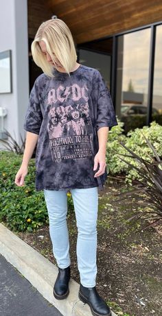 AC/DC Ticket to Hell Oversized Unisex Tee - AC/DC Highway to Hell Tour 9/10/1979 Long Beach California  - 100% Cotton Fabric, will shrink slightly - Adult Oversized Unisex T-Shirt  - O/S (one size fits most)  - Measures approx 26 Inches Wide x 30 Inches Long (top of shoulder to bottom hem) - Black/Grey multi color - Black Rhinestone Stars throughout (see image) - Officially Licensed AC/DC Apparel **We sell this product as it is shown, we do not offer custom printing services for our t-shirts as Black Washed T-shirt For Fall, Alternative Style T-shirt For Fall Concert, Band Merch Washed Top For Concerts, Casual Acid Wash Top For Concert, Casual Washed Black Top For Concert, Band Merch Washed Black Top For Concert, Rock Style T-shirt For Fall Concert, Edgy Fall Concert T-shirt, Edgy Washed Tops For Concert