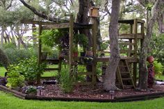 a tree house built in the middle of a lush green yard with lots of trees