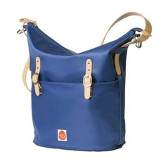 a blue handbag with two straps on it