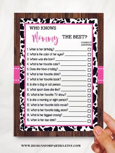 a pink and black printable baby shower game with the words who knows mommy?