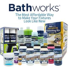 an advertisement for bath works showing the products in their display case and instructions to make your fixtures look like new