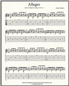 allegro sheet music for guitar with notes and tabs on the left hand side