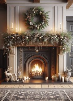 a fireplace decorated with christmas decorations and candles