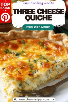 a close up of a slice of quiche on a plate with text overlay