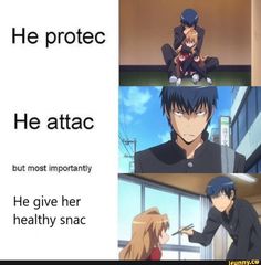 an anime scene with the caption he protect he atac but most importantly he give her healthy snack