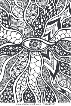 an abstract coloring book page with black and white patterns on the pages, which are very detailed