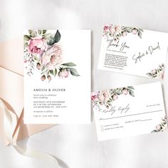 wedding stationery with pink flowers and greenery