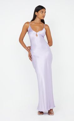 A bestselling design, the BEC + BRIDGE Cedar City Maxi Dress is a slinky V-neck style with a keyhole cut-out detail and contrast binding that carries through straps to tie-back. The bias-cut maxi is finished with a rolled hem, and an adjustable knotted strap which can be loosened and tied at desired length. This garment is certified Australian made. Lilac Hoco Dress, Light Purple Dresses, Light Purple Dress, Purple Dresses, Cedar City, Bec Bridge, Prom Dress Styles, Mini Dress Formal, Bridesmaid Dresses Prom