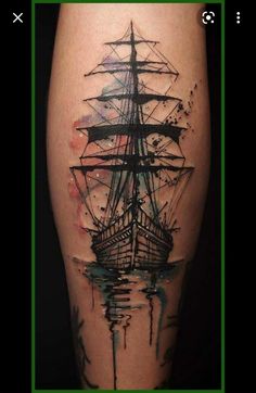 a watercolor painting style ship tattoo on the leg