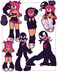 an image of some cartoon characters with pink hair and black clothes, one is holding a baby