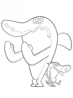 a black and white line drawing of a cartoon character with an alligator on his back