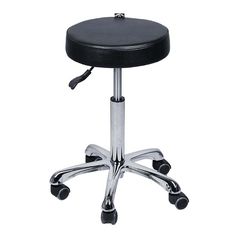 a black stool with chrome legs and wheels on an isolated white background for use as a desk or office chair