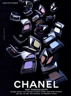 an advertisement for chanel cosmetics featuring various shades of eyeshades and powders