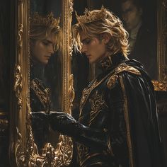 two women dressed in black and gold looking at their own reflection