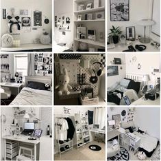 black and white bedroom decor with pictures on the wall, bedding, desks and shelves