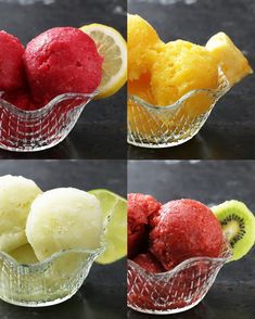 four different types of fruit in small glass bowls with kiwi, lemon, and raspberry