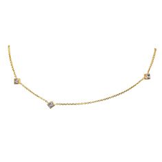 Featuring a 14k gold 3 diamond necklace. A versatile piece that can be worn as a choker or a 22 inch necklace. ---------------D E T A I L S--------------- - .30 carats total weight princess cut diamonds - Set in 14k gold bezel settings - 14k gold adjustable cable chain with a lobster clasp closure - 0.9 mm - Available in 14k white, yellow or rose gold - Adjustable up to 22 inches by pulling the chain through the sliding ball ----------------------------------- *The last photo features the listed Gold Station Necklace With Single Cut Diamonds For Anniversary, Fine Jewelry Yellow Gold Diamond Choker Necklace, Yellow Gold Diamond Choker Necklace, Gold Station Necklace With Diamond Accents As Gift, Gold Diamond Station Necklace As Gift, Anniversary Diamond Accent Choker Necklace, Dainty Gold Necklace With Single Cut Diamonds, Dainty Gold Necklaces With Single Cut Diamonds, Gold Diamond Choker Necklace