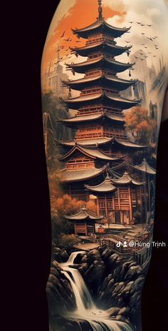 Japanese Sky Tattoo, Japanese Castle Tattoo, Chinese Temple Tattoo, Japanese Tower Tattoo, Japanese Landscape Tattoo, Japanese Pagoda Tattoo, Japanese Temple Tattoo Design, Asian Tattoo Ideas, Pagoda Tattoo