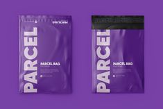 two packs of parcel bags sitting on top of a purple surface with the words parcel written in white