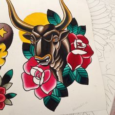 the bull is surrounded by roses and stars on this sheet of paper that has been drawn