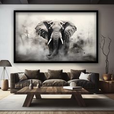 an elephant is standing in the middle of a living room with a large painting on the wall