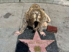 a woman standing on top of a star with her hands in the air