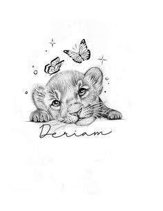 a black and white drawing of a lion cub with butterflies on it's head