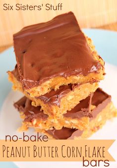 no - bake peanut butter cornflake bars stacked on top of each other