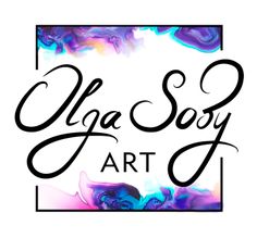 the words yoga soy art are painted in black and blue ink on a white background