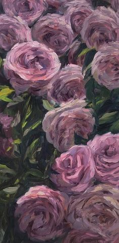 an oil painting of pink roses with green leaves on the bottom and purple flowers in the middle