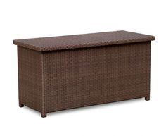 an outdoor wicker storage box with lid in dark brown and light brown color on white background