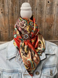 Wild Rags WRC231A That So 70's Wild Rag/Scarf - Copper Fire Opal, Teal, & AB Slide WRC231A Multicolor Bandana Print Scarf, One Size, Multicolor Bandana Print Scarf, Vintage Multicolor Bandana Print Scarf, Vintage Multicolor Silk Scarf With Bandana Print, Western Scarf, Buckskin Horse, Rodeo Events, Wild Rag, Perfect Squares