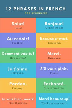 french phrases for beginners in different colors and styles, with the words below them