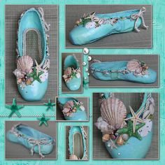 there is a collage of pictures with blue shoes and seashells on them