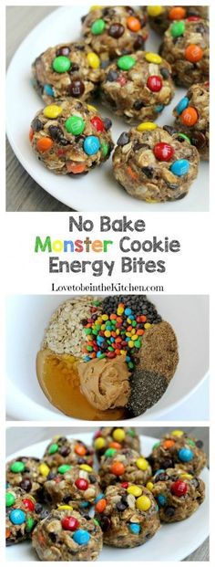 no bake monster cookie energy bites are on a plate with the words, don't